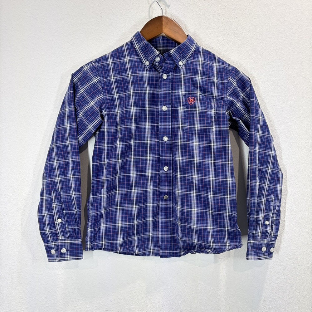 Ariat Pro Series Boys Size 8 Classic Blue Plaid Button Down Shirt Western